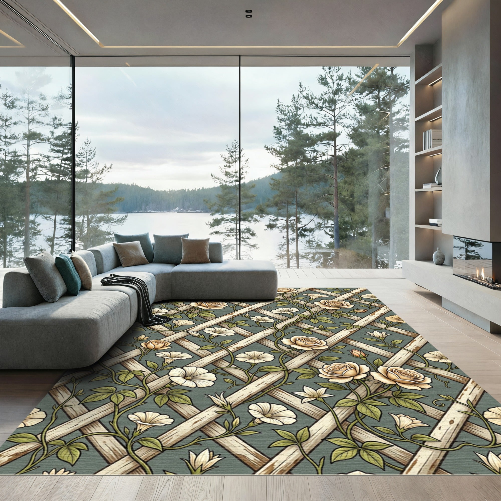 Sage Floral Trellis Climbing Rose Rug