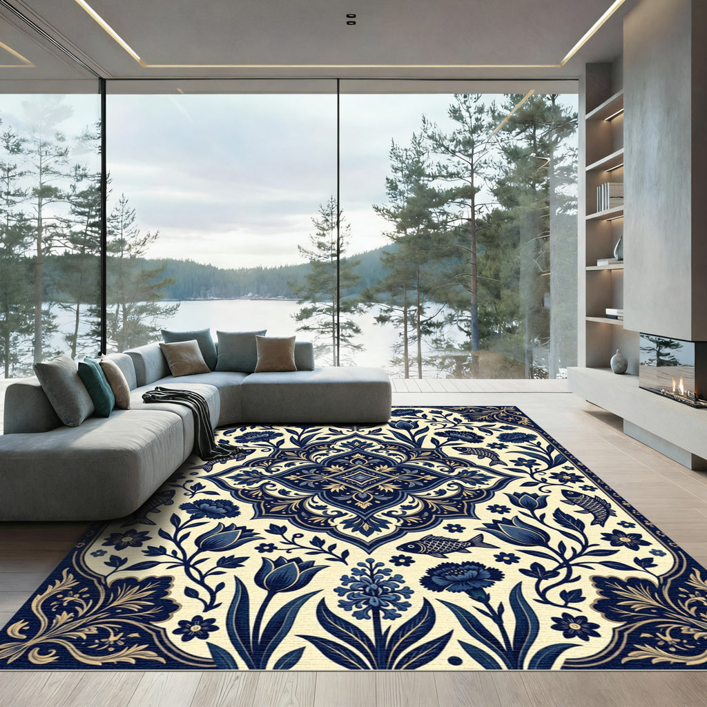 Indigo Floral Medallion with Swimming Fish Rug