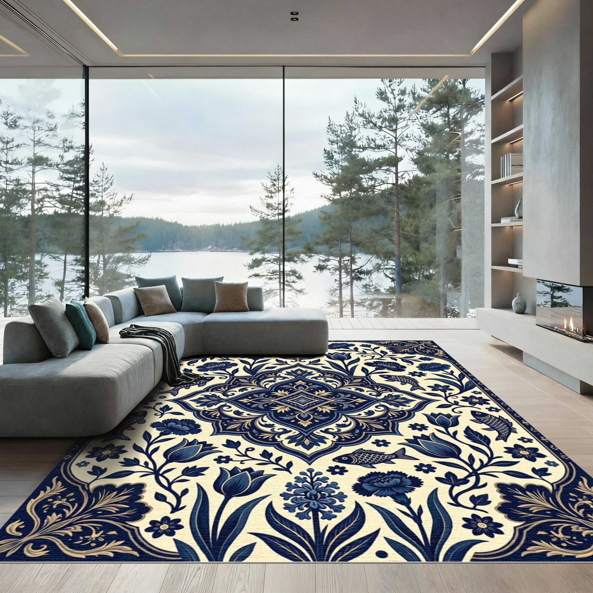 Indigo Floral Medallion with Swimming Fish Rug