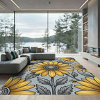 Golden Sunflower Gray Botanical Illustration Rug