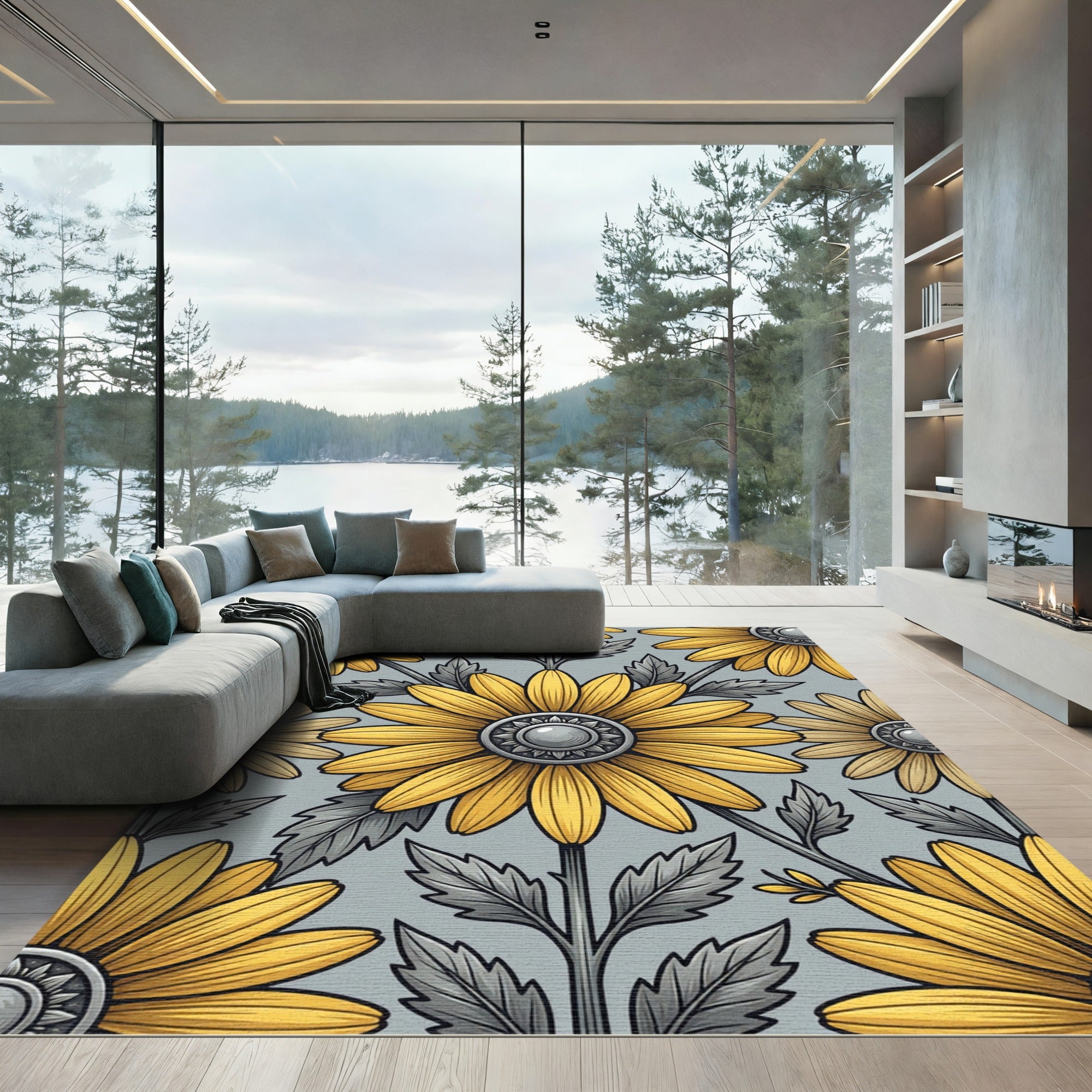 Golden Sunflower Gray Botanical Illustration Rug
