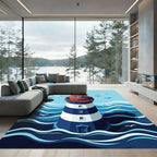 Coastal Lighthouse Red Blue Stripes Rug