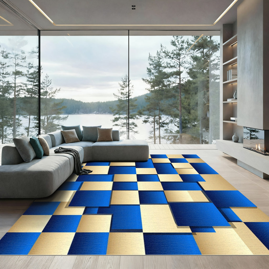 Deep Blue Gold Shifting Squares Rug