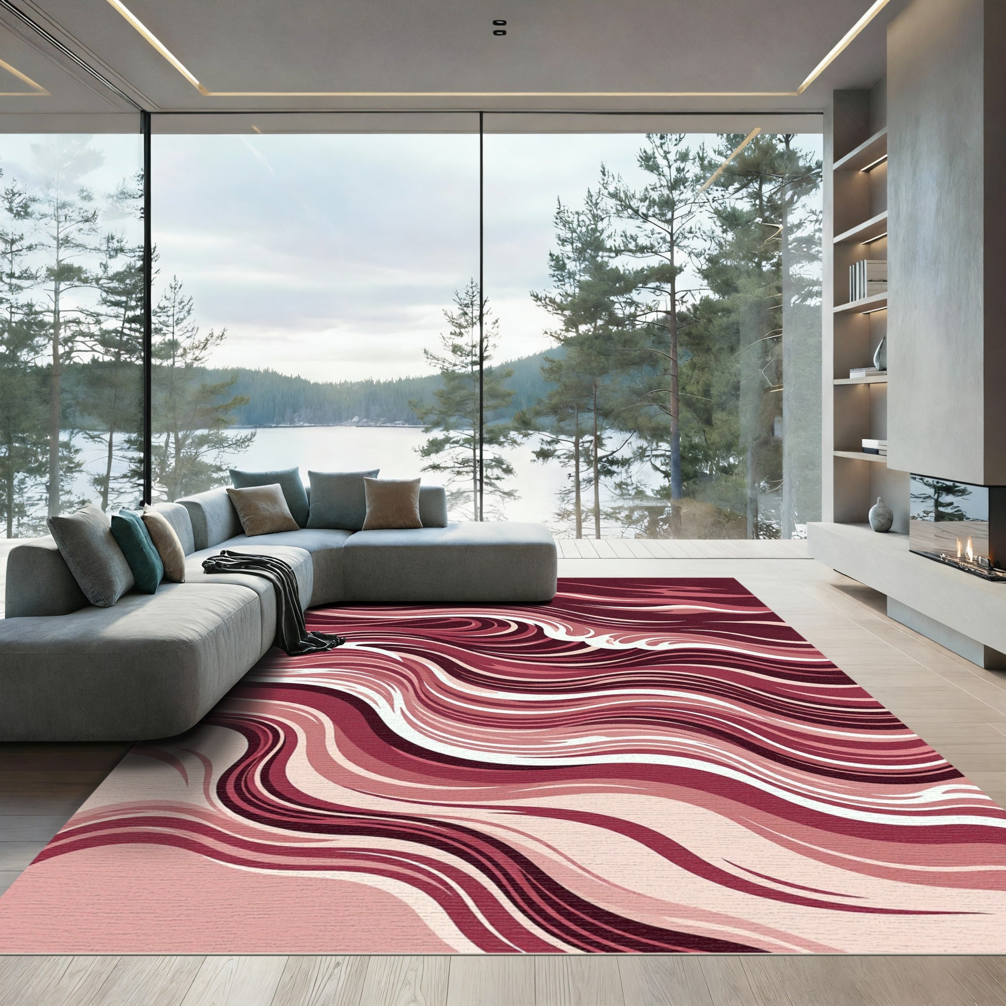 Crimson Flowing Abstract Wave Rug