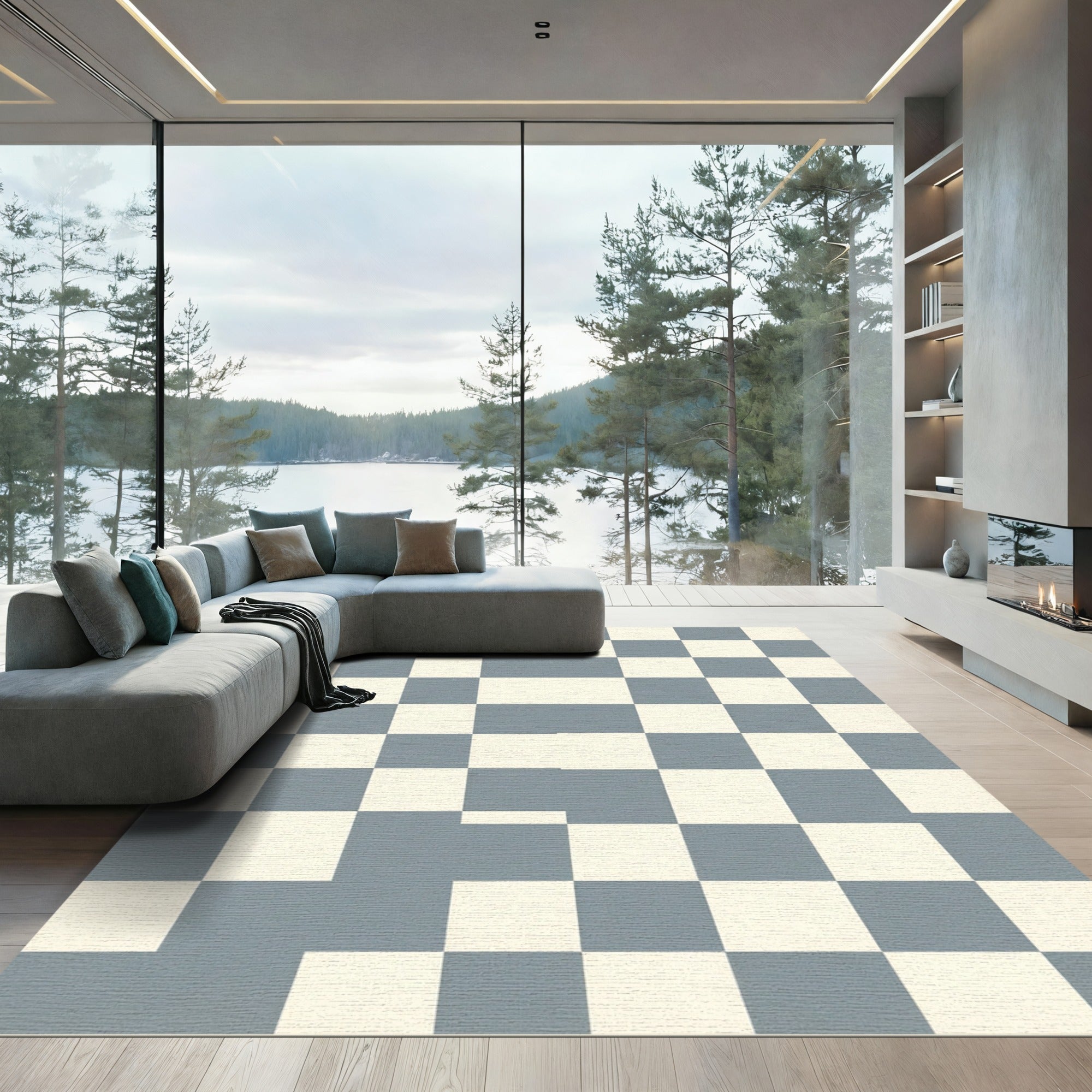 Gray White Checkered Square Composition Rug