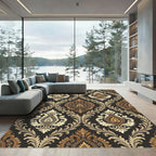 Elegant Cream and Bronze Damask Scroll Rug