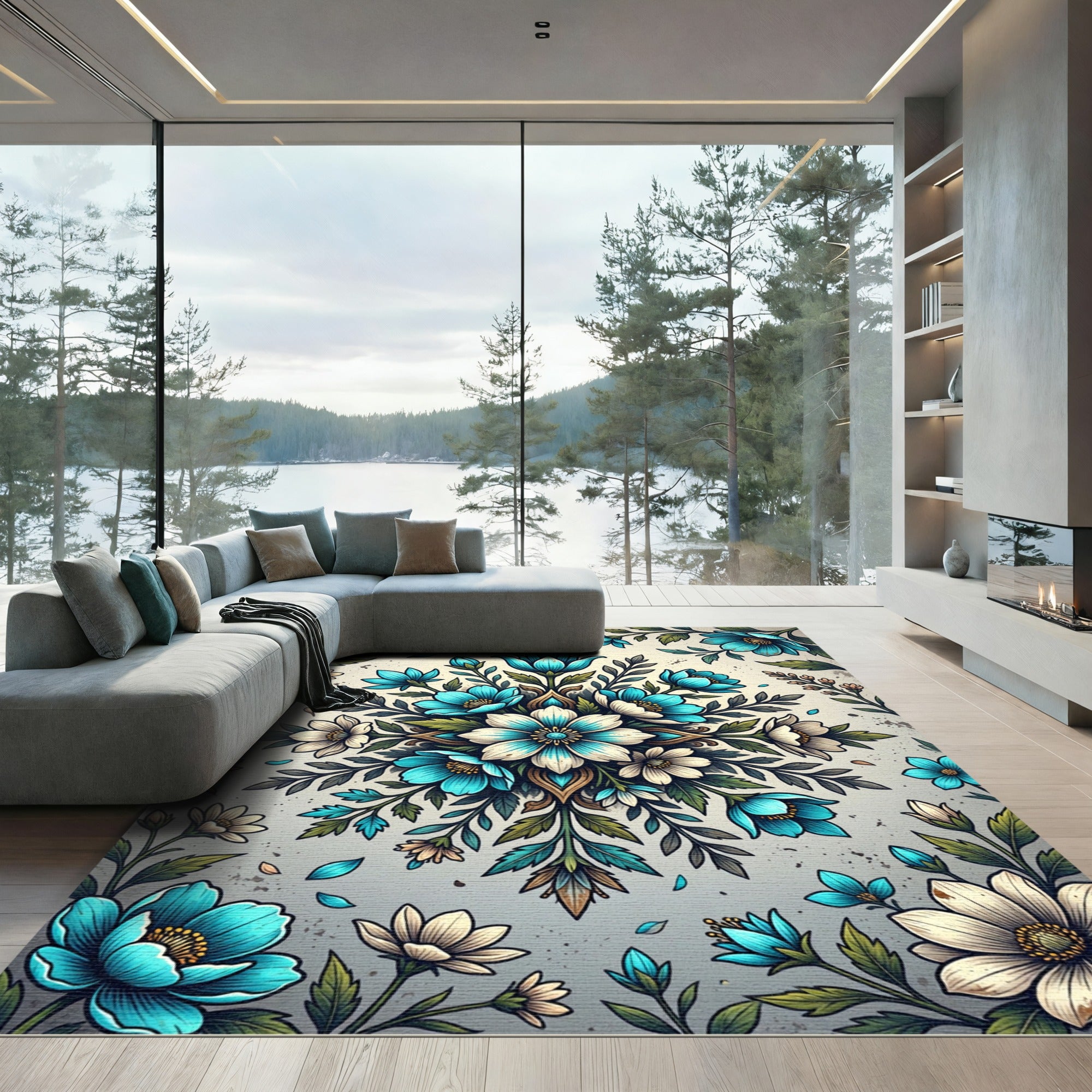 Elegant Teal and White Floral Medallion Rug