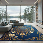 Navy Gold Lotus Floral Medallion Rug