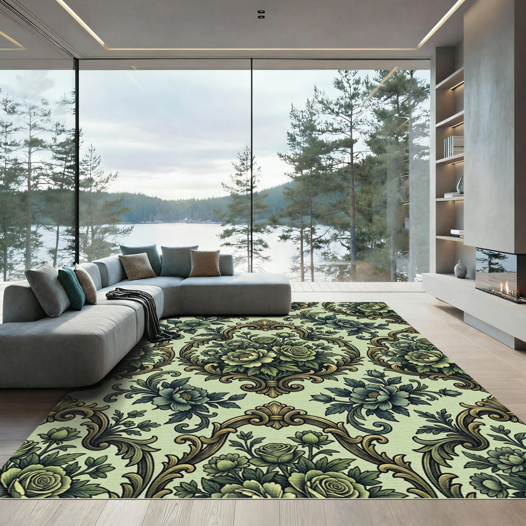 Ornate Green Floral Medallion Symmetry Rug