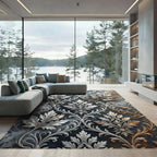 Ornate Silver Gold Leaf Scrollwork Rug