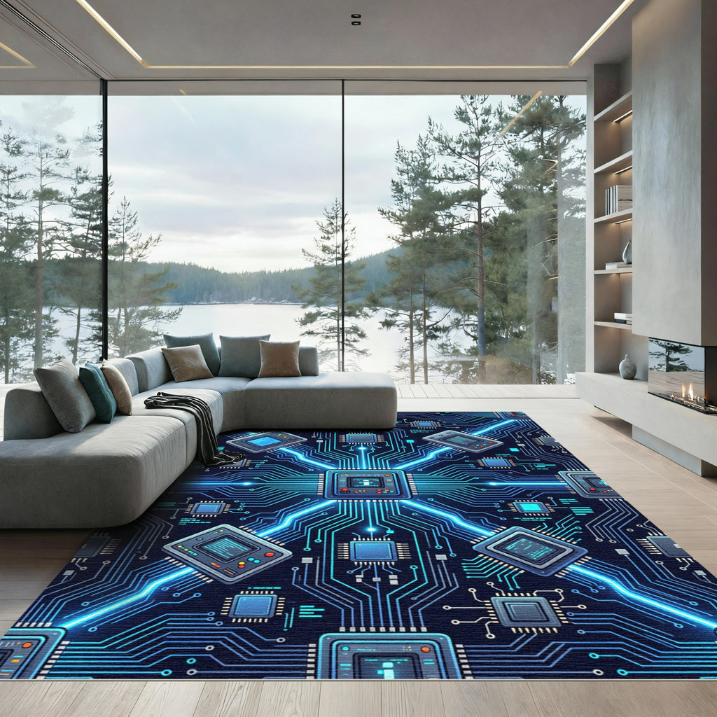 Neon Blue Circuit Board Cyber Grid Rug