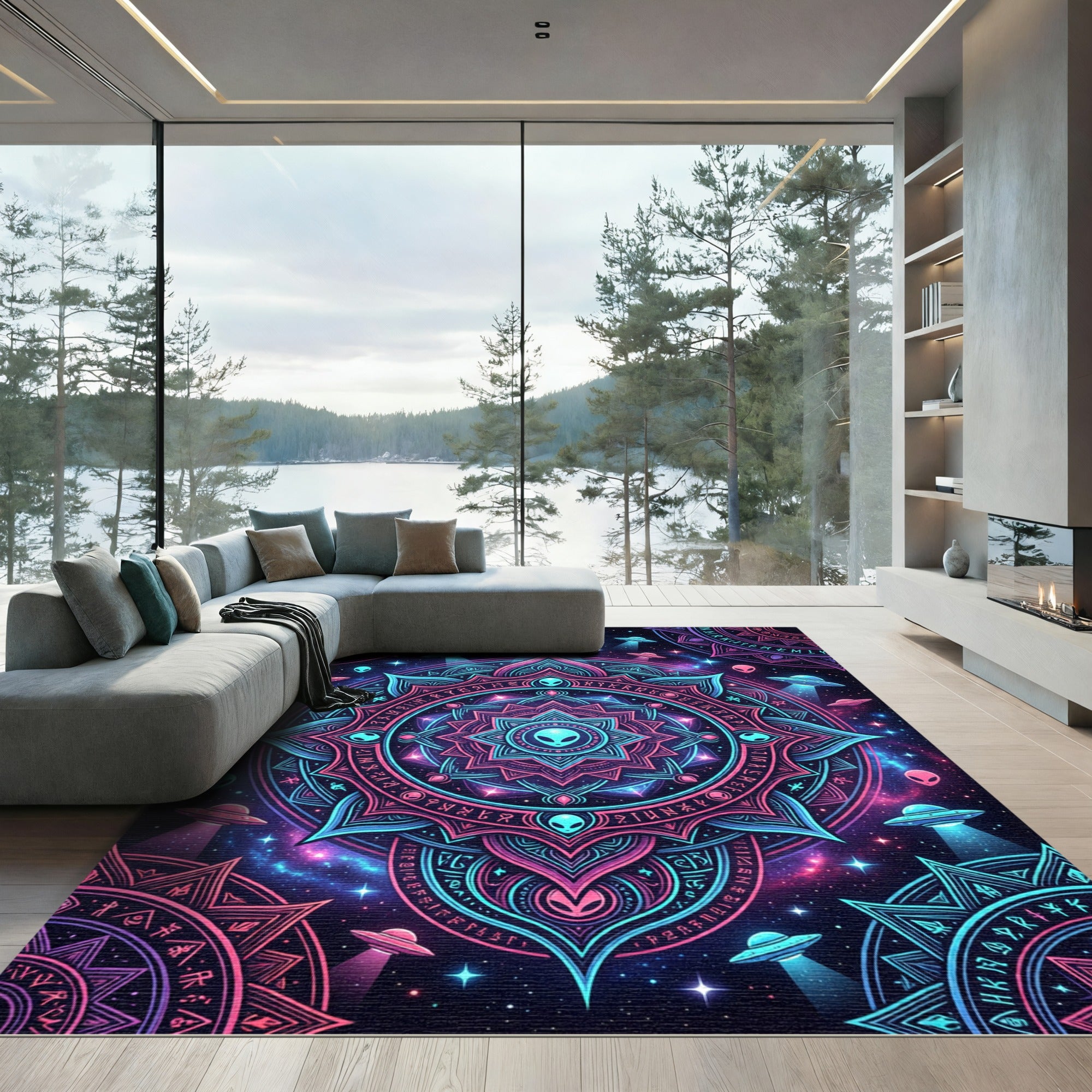 Neon Galactic Alien Mandala Medallion Rug