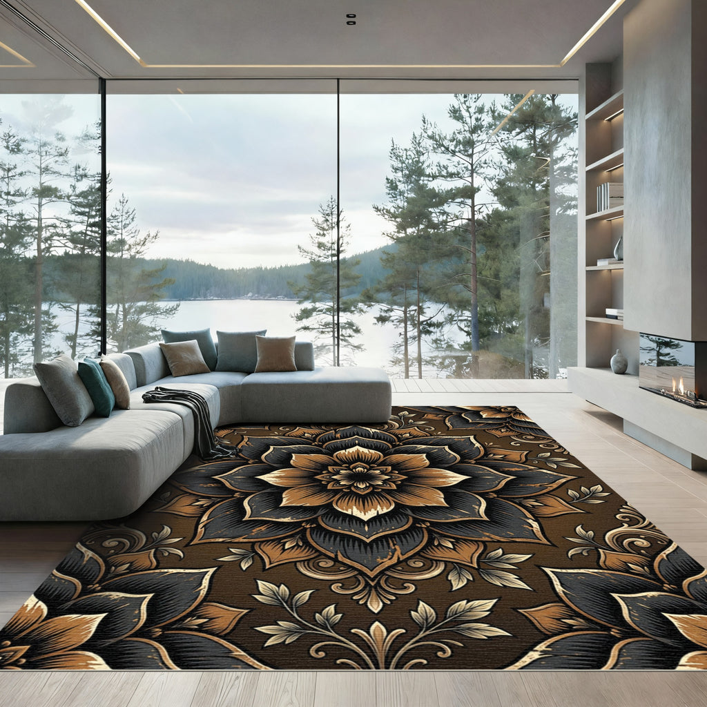 Black and Gold Floral Mandala Rug