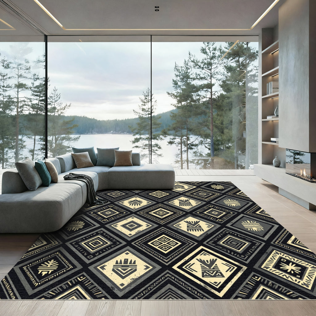 Tribal Diamond Geometric Monochrome Rug