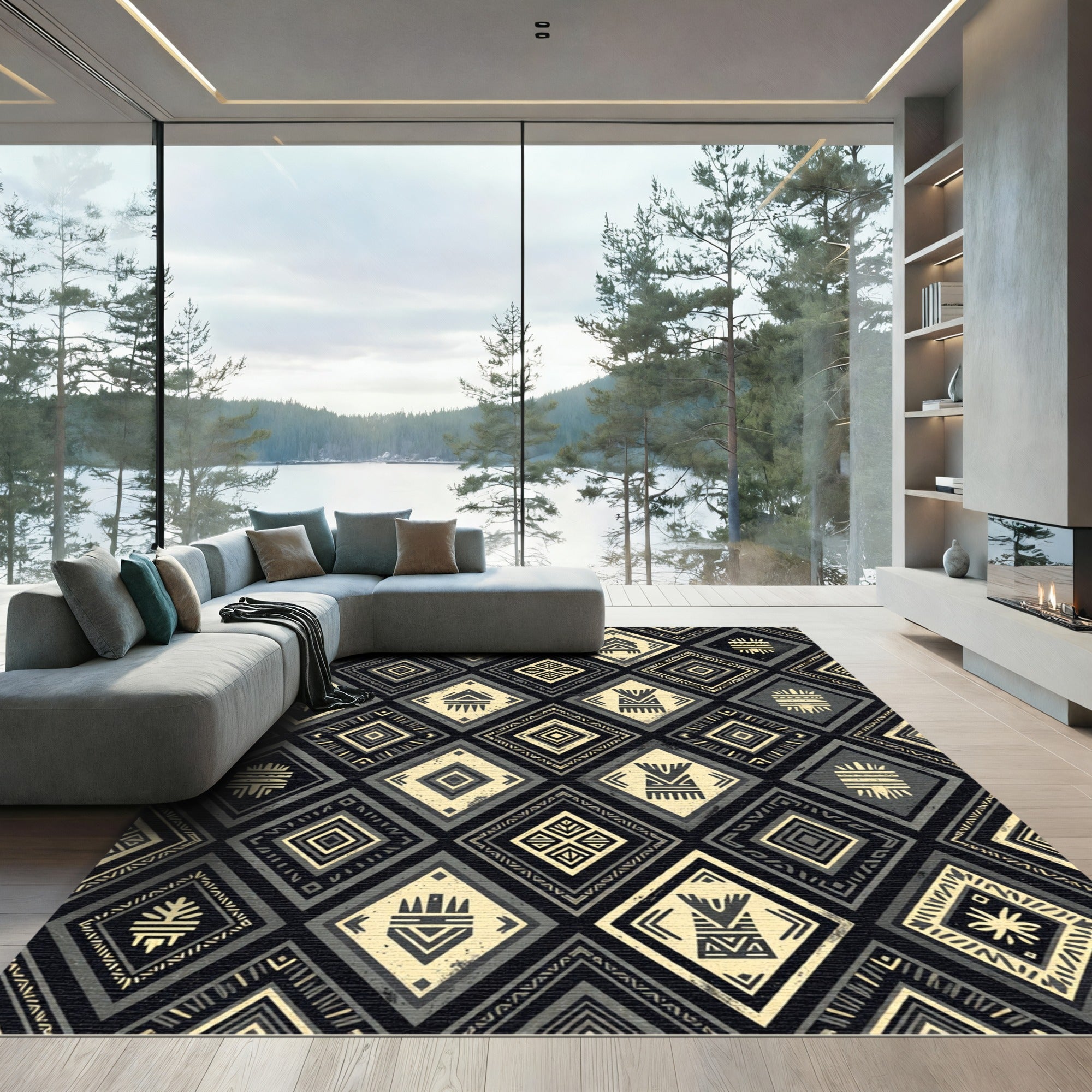 Tribal Diamond Geometric Monochrome Rug