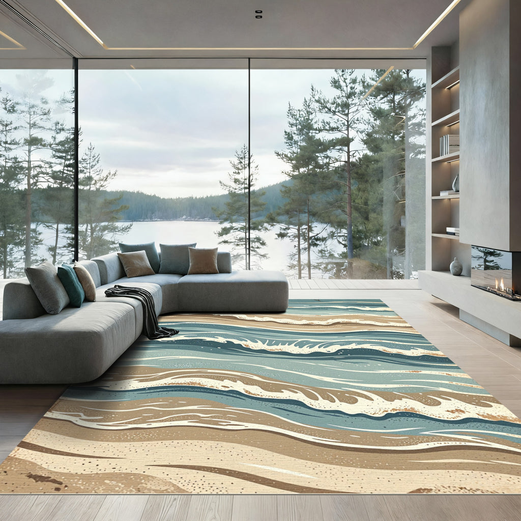 Coastal Waves Abstract Mid Century Rug