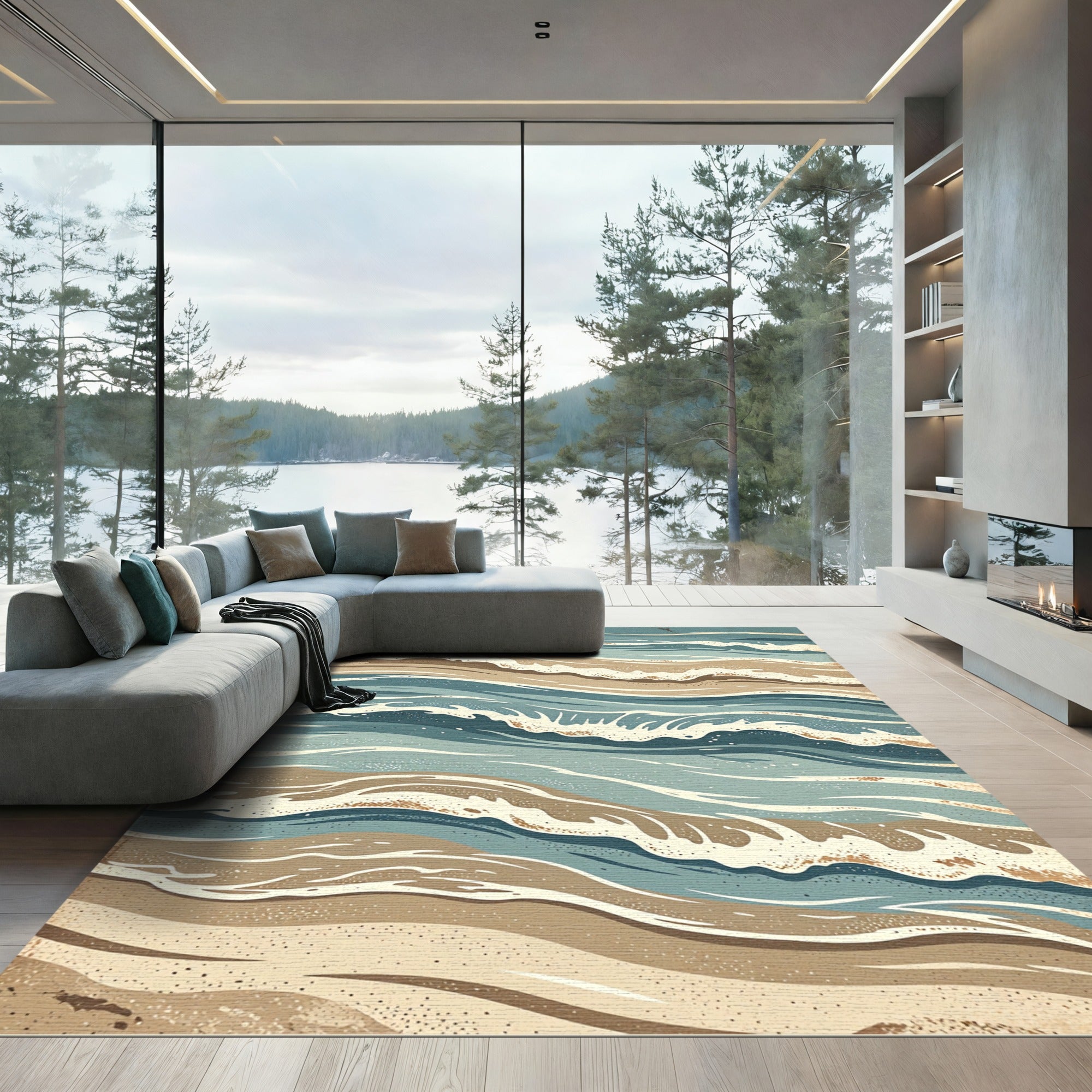 Coastal Waves Abstract Mid Century Rug