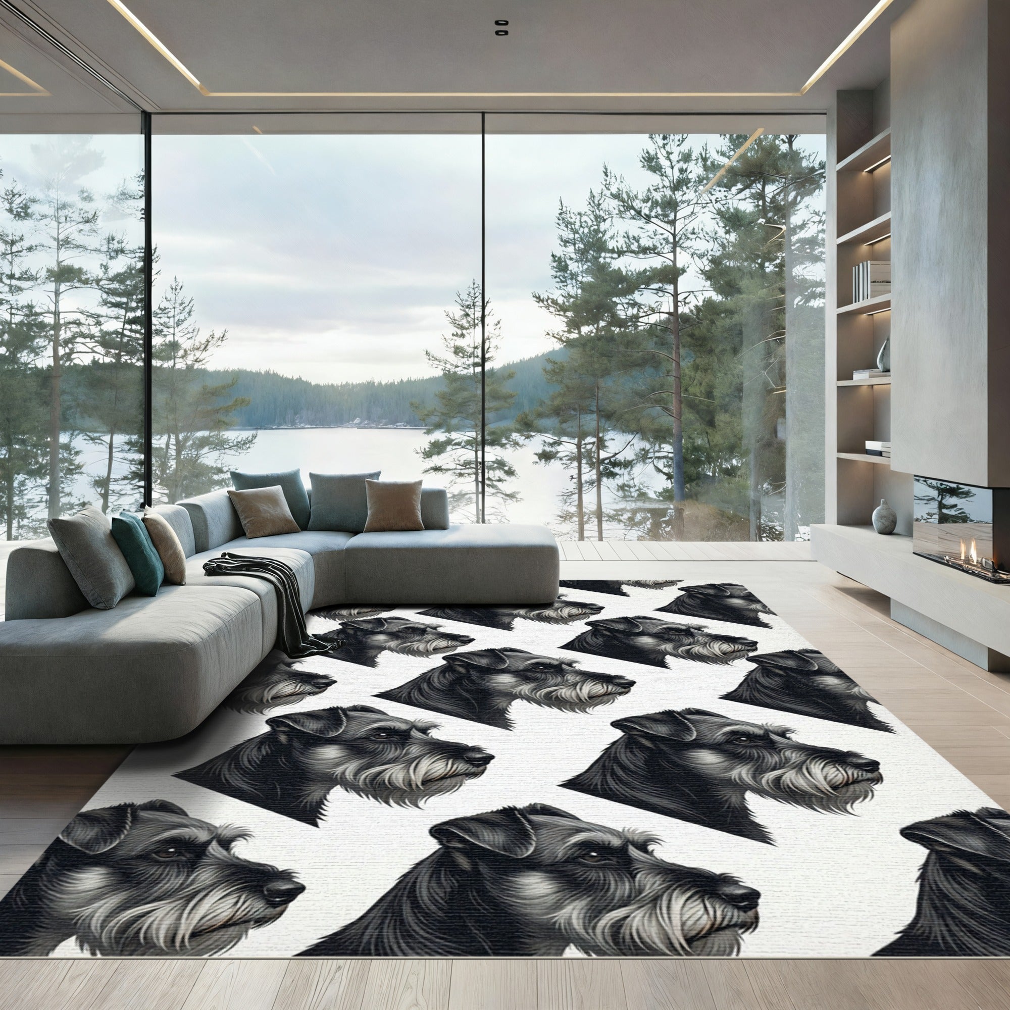 Monochrome Schnauzer Portrait Repeating Grid Rug