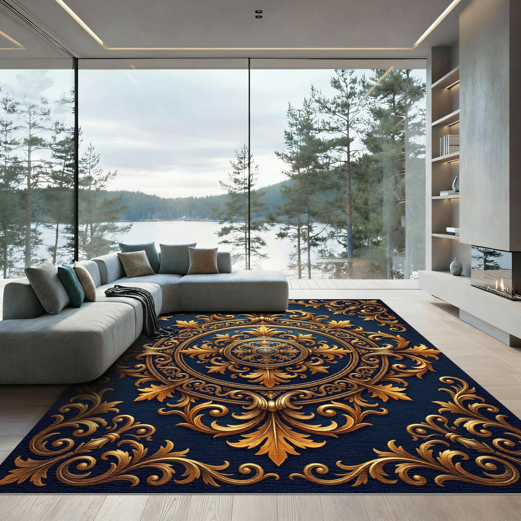 Midnight Navy Golden Baroque Medallion Rug