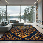 Midnight Navy Golden Baroque Medallion Rug