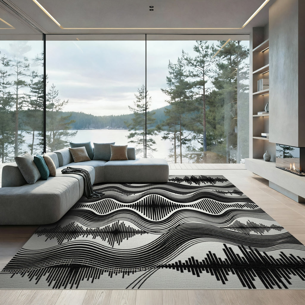 Black White Wave Soundwave Composition Rug