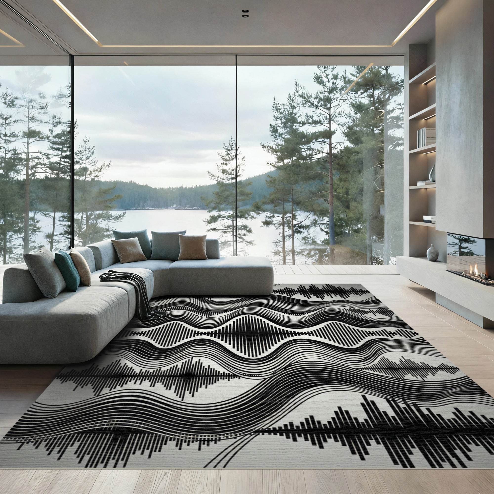 Black White Wave Soundwave Composition Rug