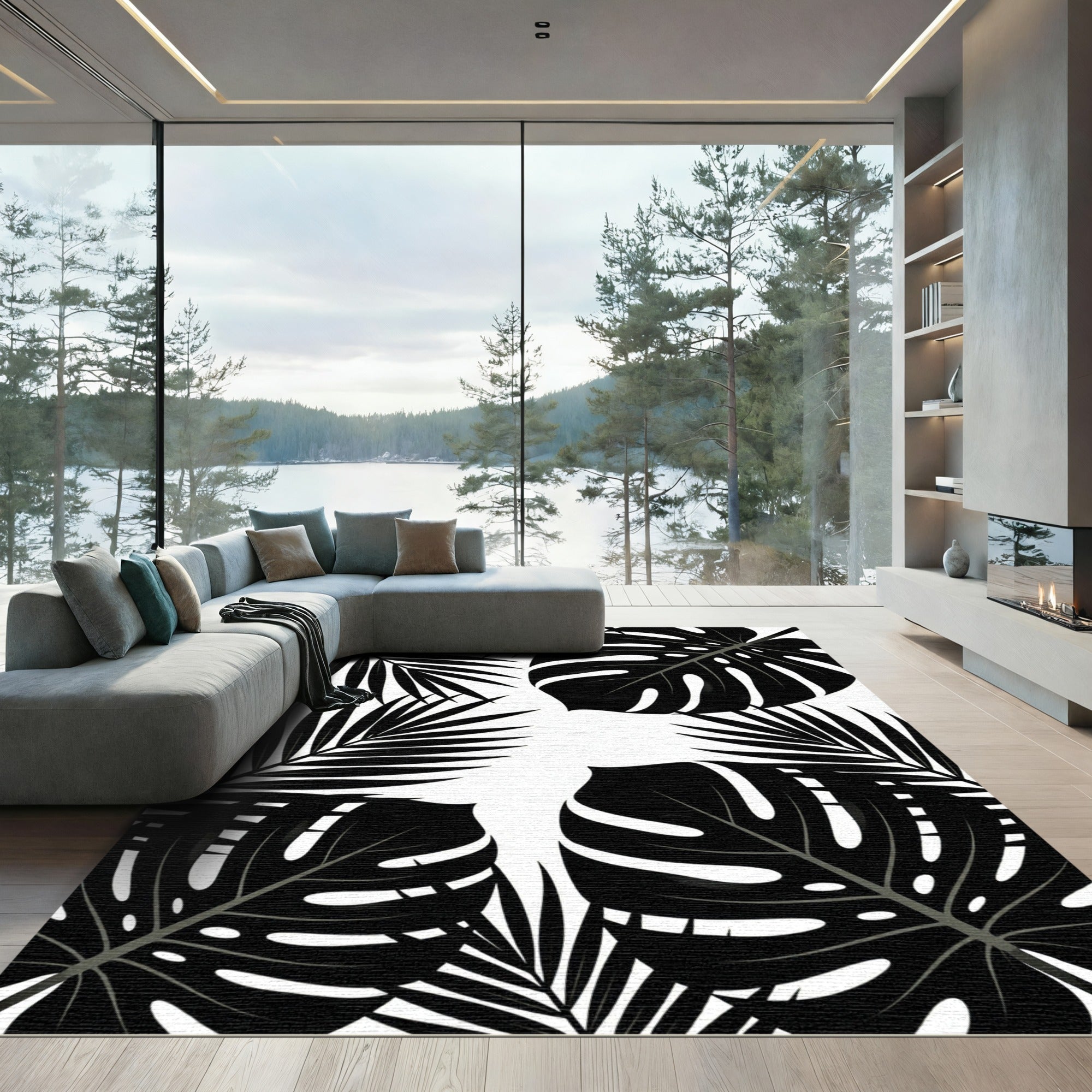 Monochromatic Tropical Monstera Palm Leaf Rug