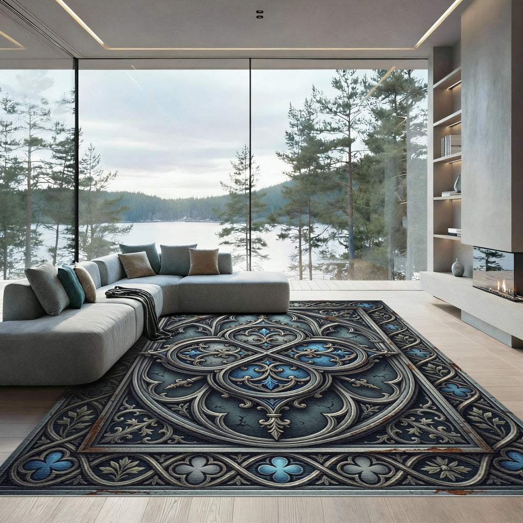 Gothic Blue Silver Antiqued Quatrefoil Medallion Rug