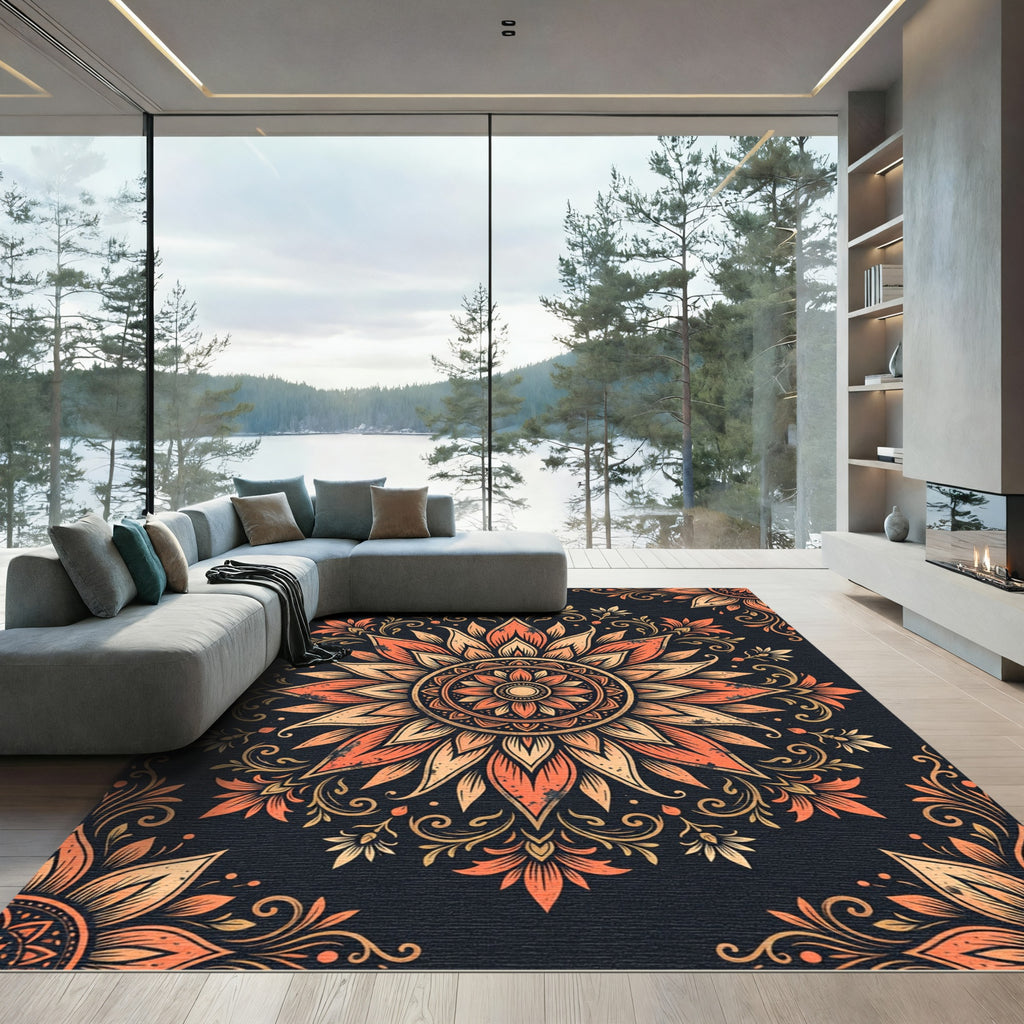 Earthy Orange Floral Mandala Medallion Rug