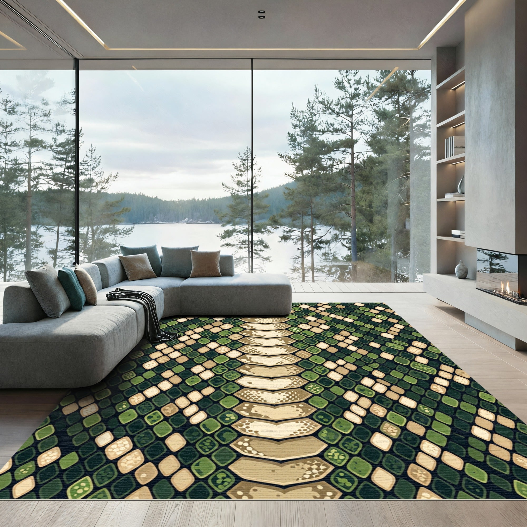 Green Beige Reptile Scale Texture Rug