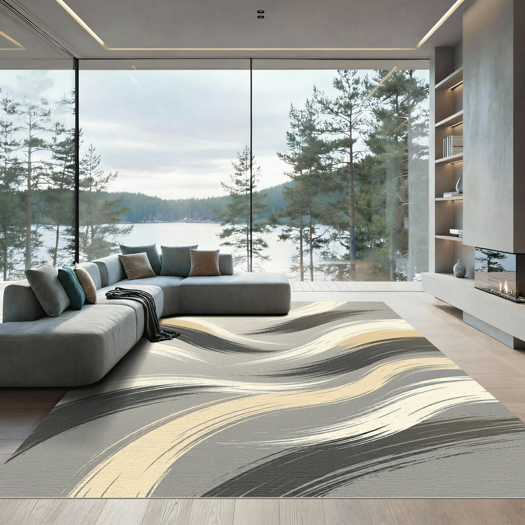 Minimalist Gray and Beige Swirling Waves Rug