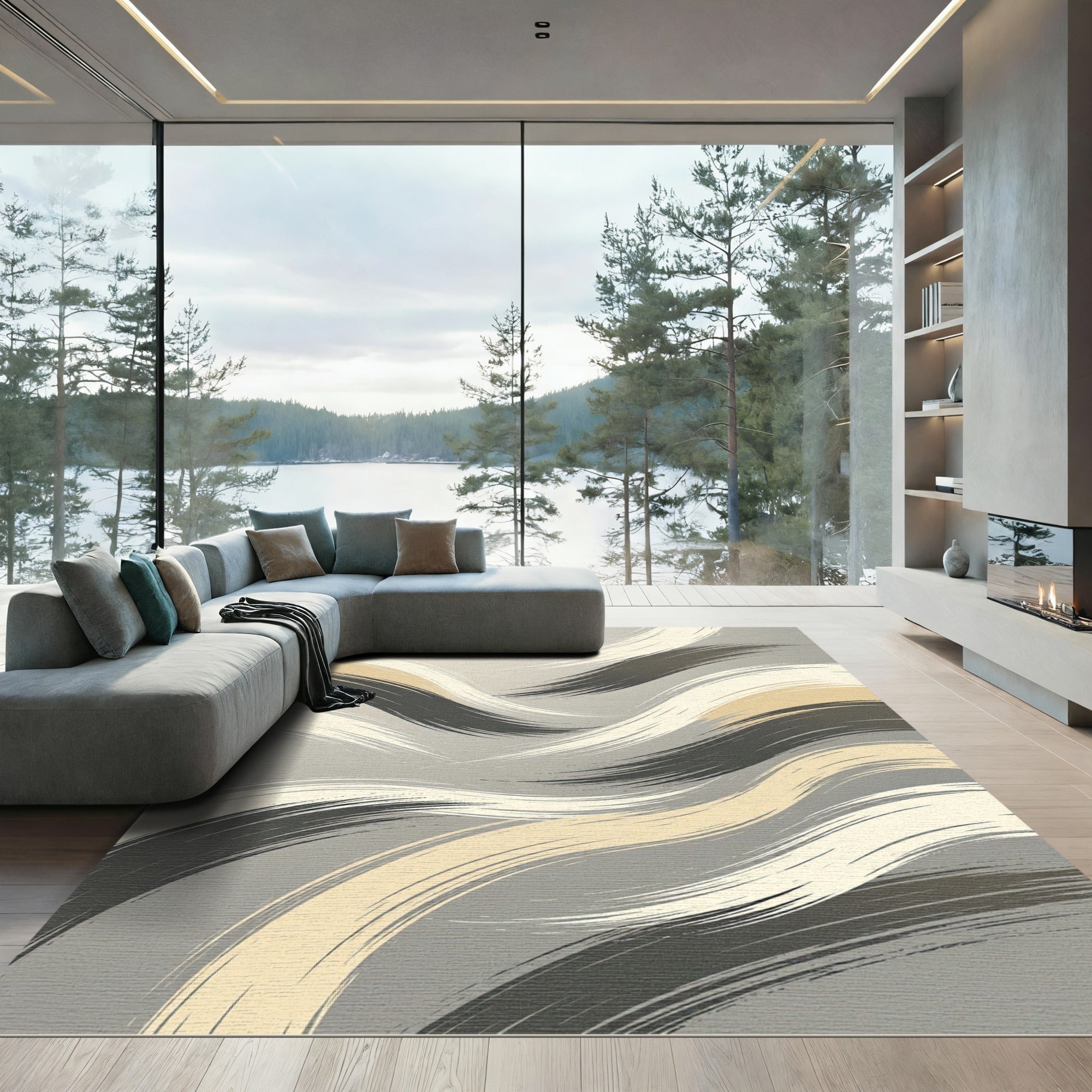 Minimalist Gray and Beige Swirling Waves Rug