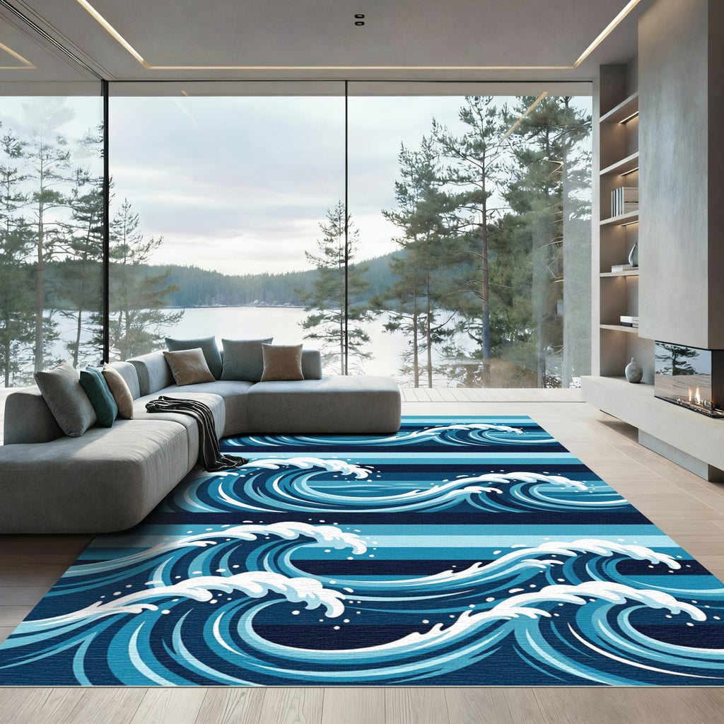Blue Layered Ocean Wave Abstract Rug