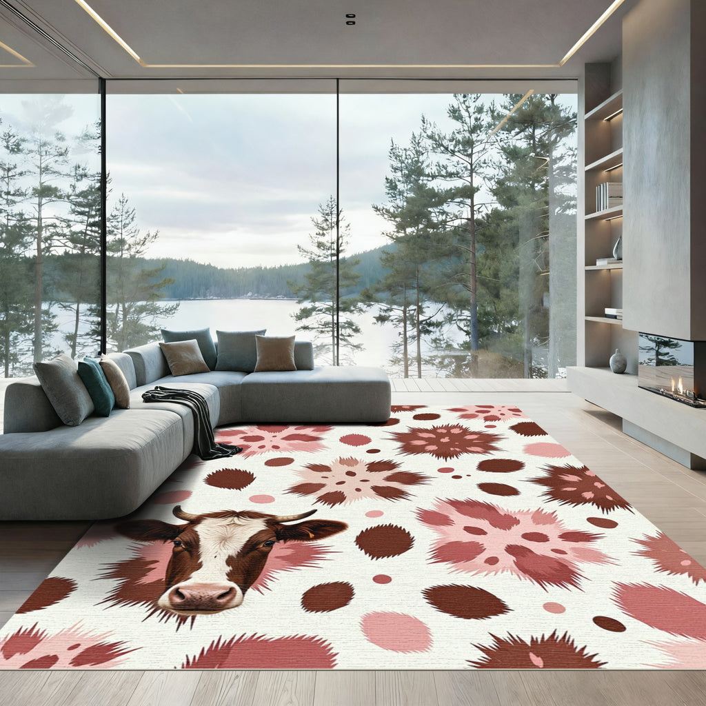 Brown White Cow Whimsical Floral Rug