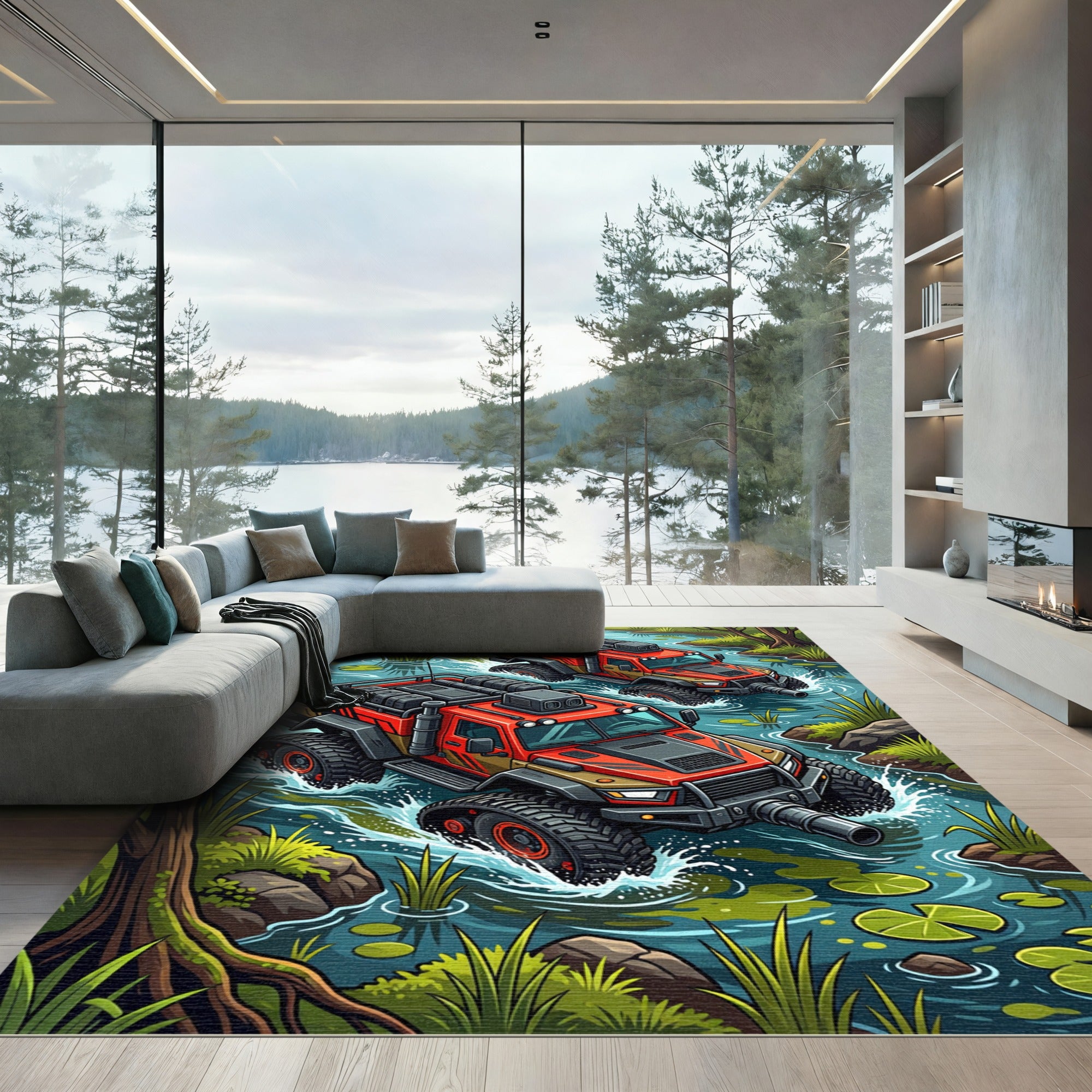 Red Offroad Adventure Swamp Landscape Rug