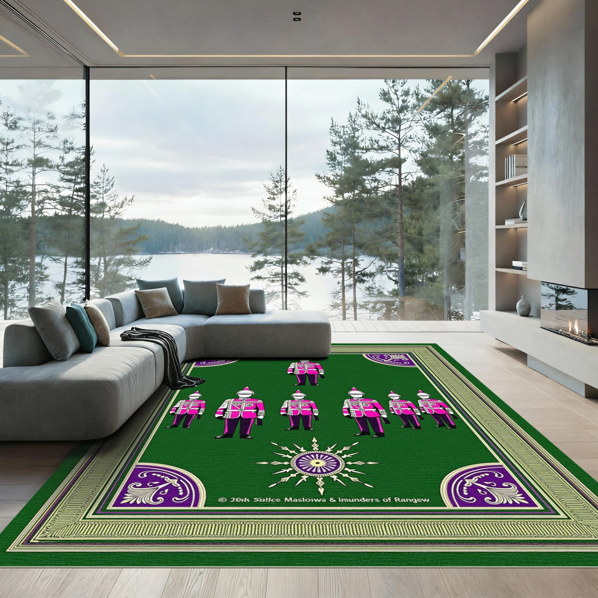 Fuschia Guard Soldiers Green Medallion Border Rug