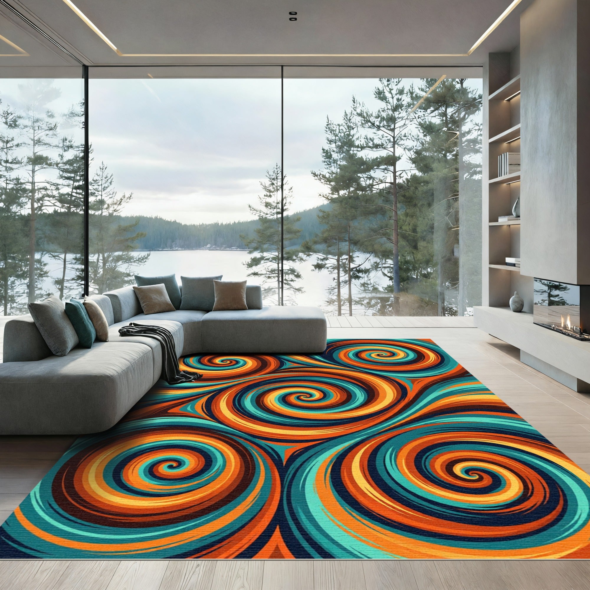 Vibrant Teal and Orange Abstract Swirl Rug