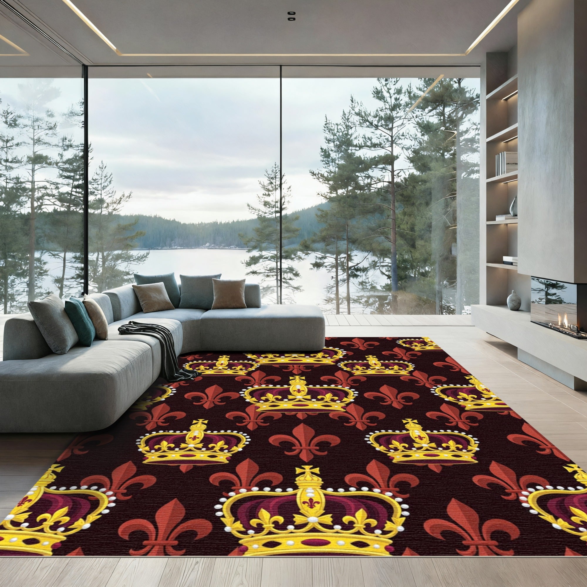 Royal Crimson Gold Crown Pattern Rug