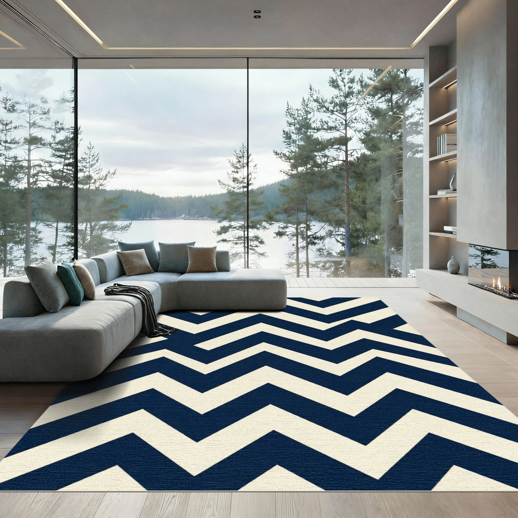 Navy And Ivory Modern Chevron Lines Rug
