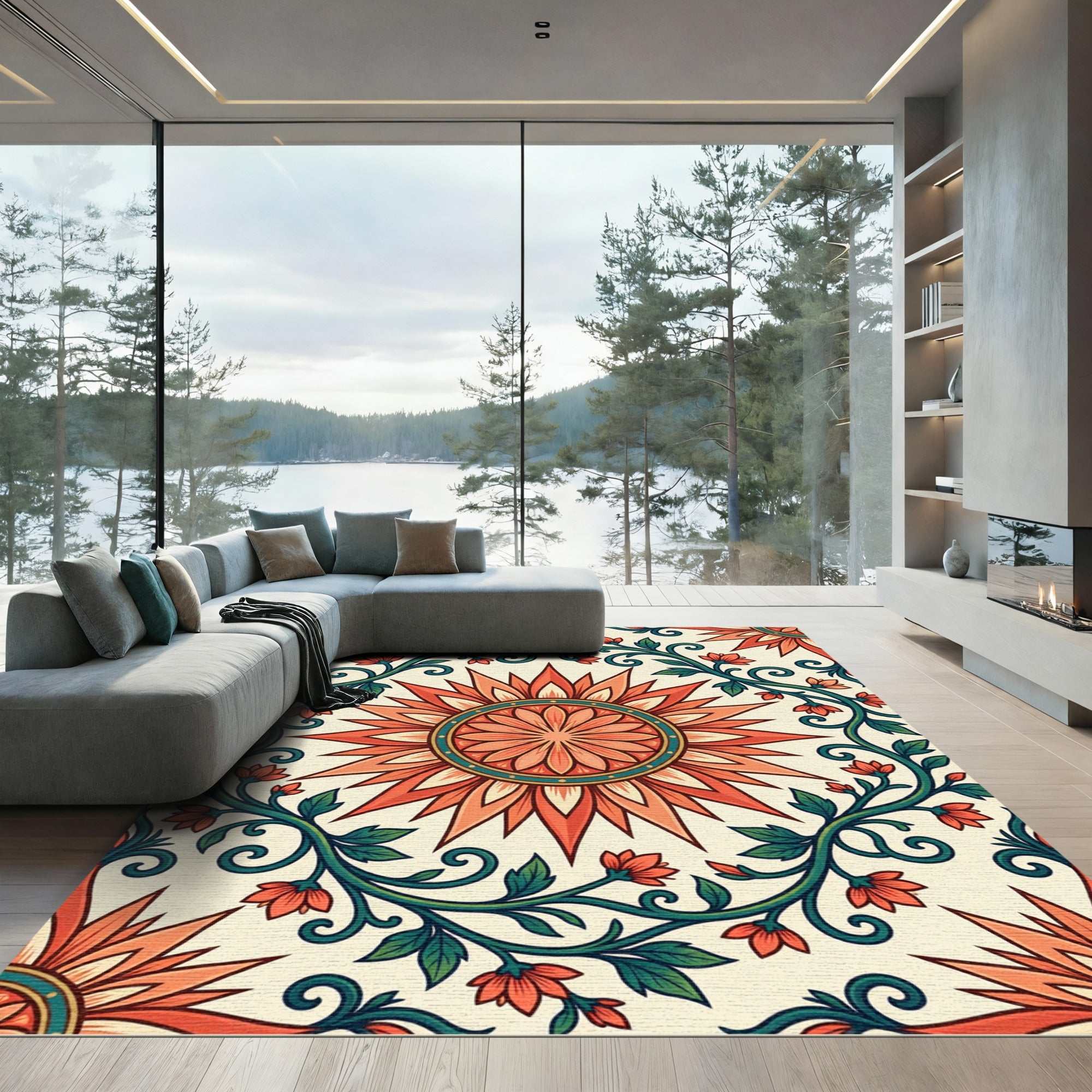 Coral Sunburst Floral Vine Rug