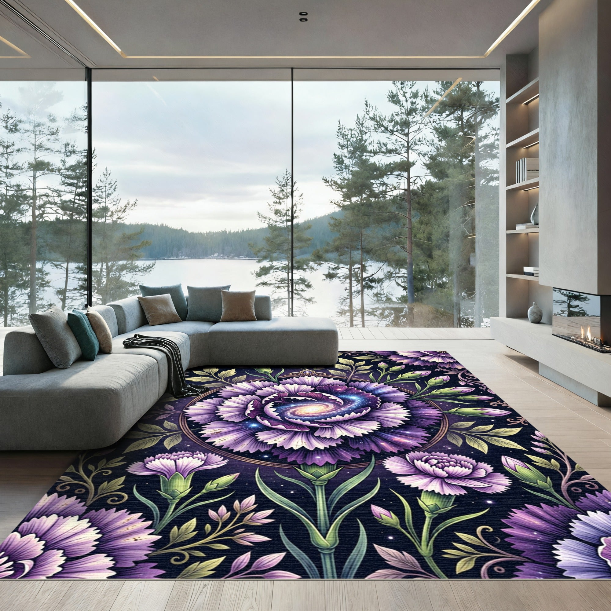 Cosmic Purple Galaxy Carnation Floral Rug