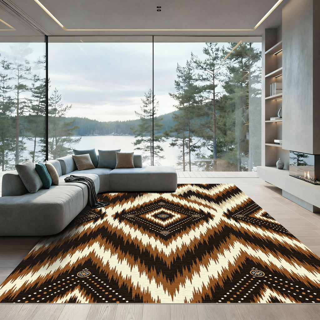 Earthy Brown Ikat Tribal Diamond Rug