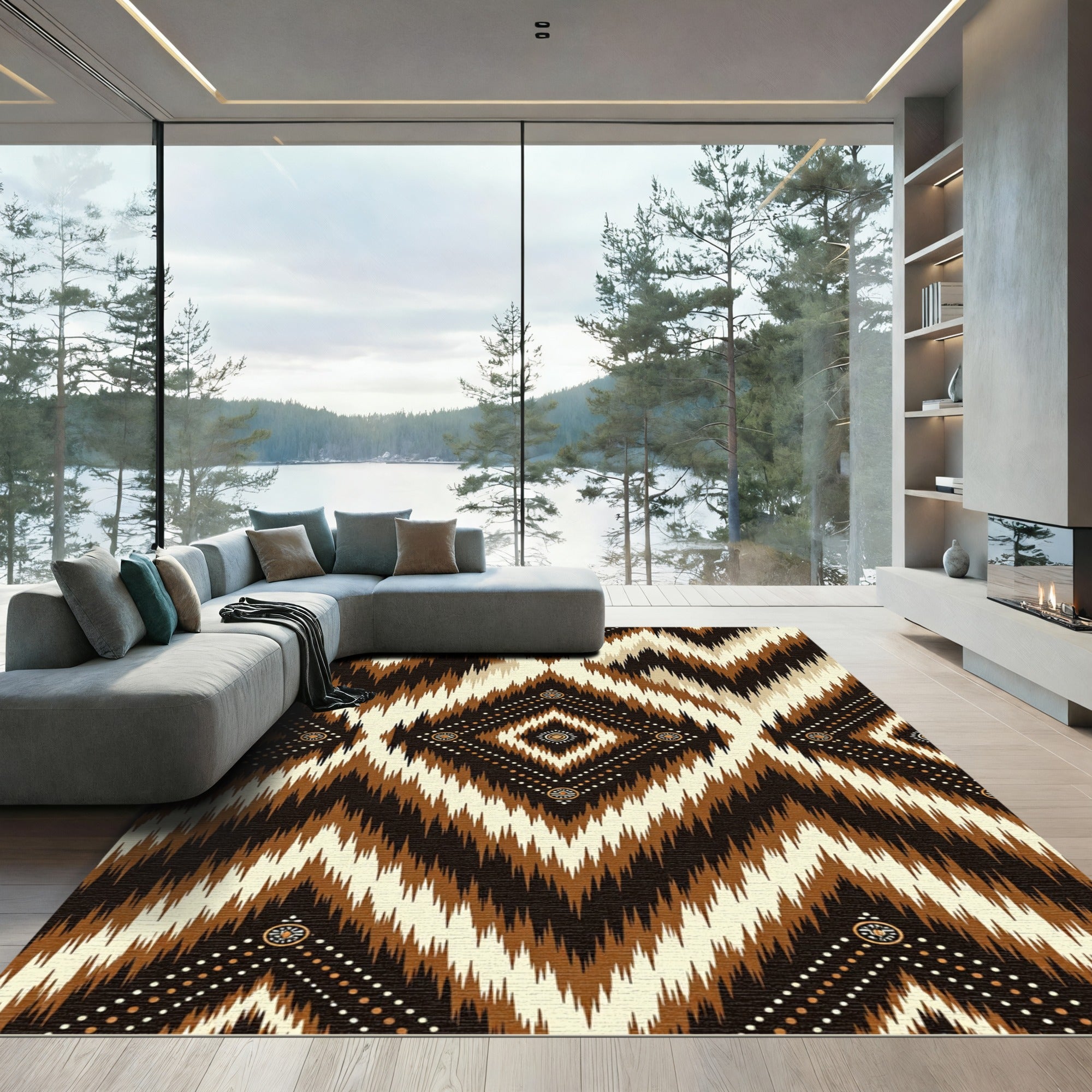 Earthy Brown Ikat Tribal Diamond Rug