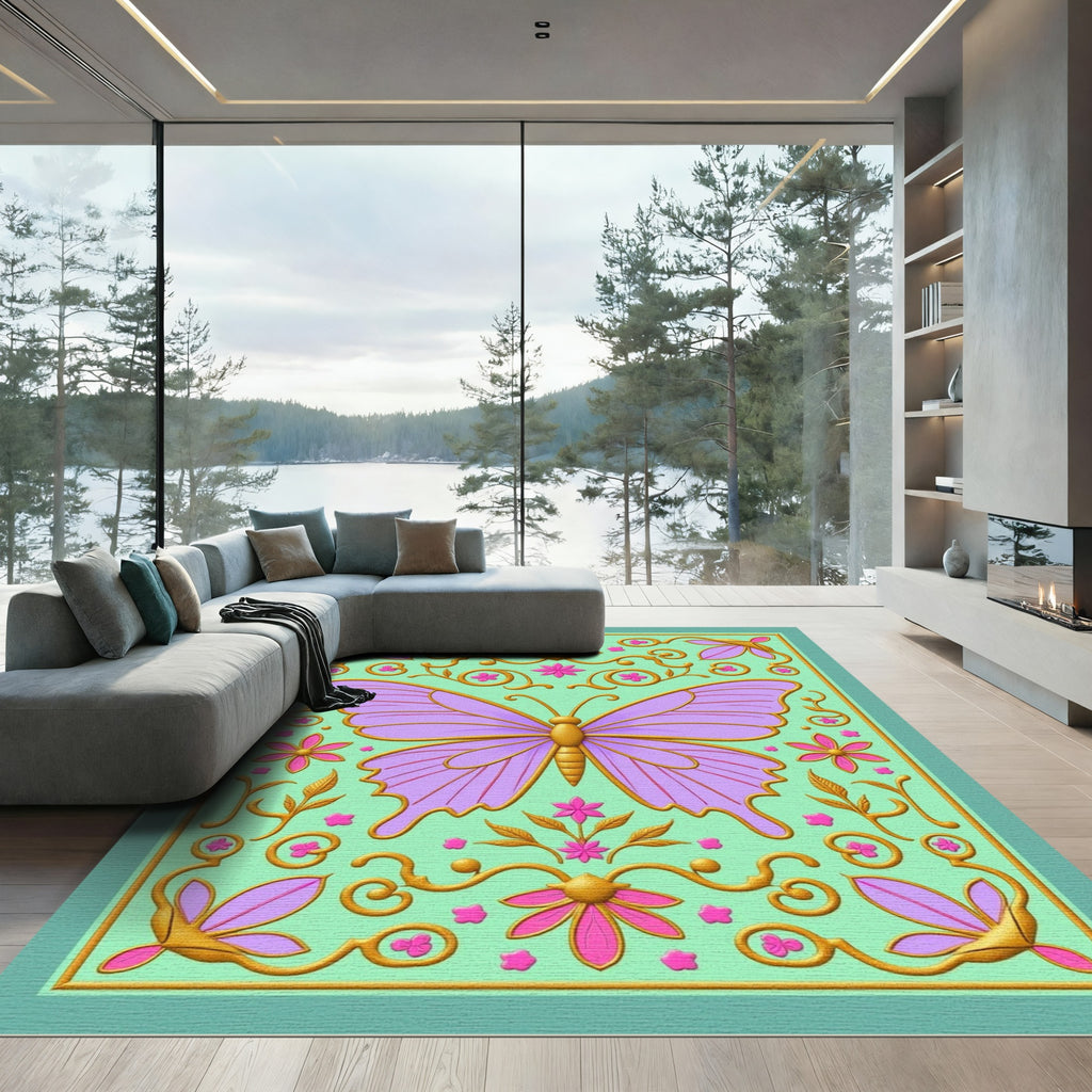 Lavender Butterfly Golden Floral Swirls Rug