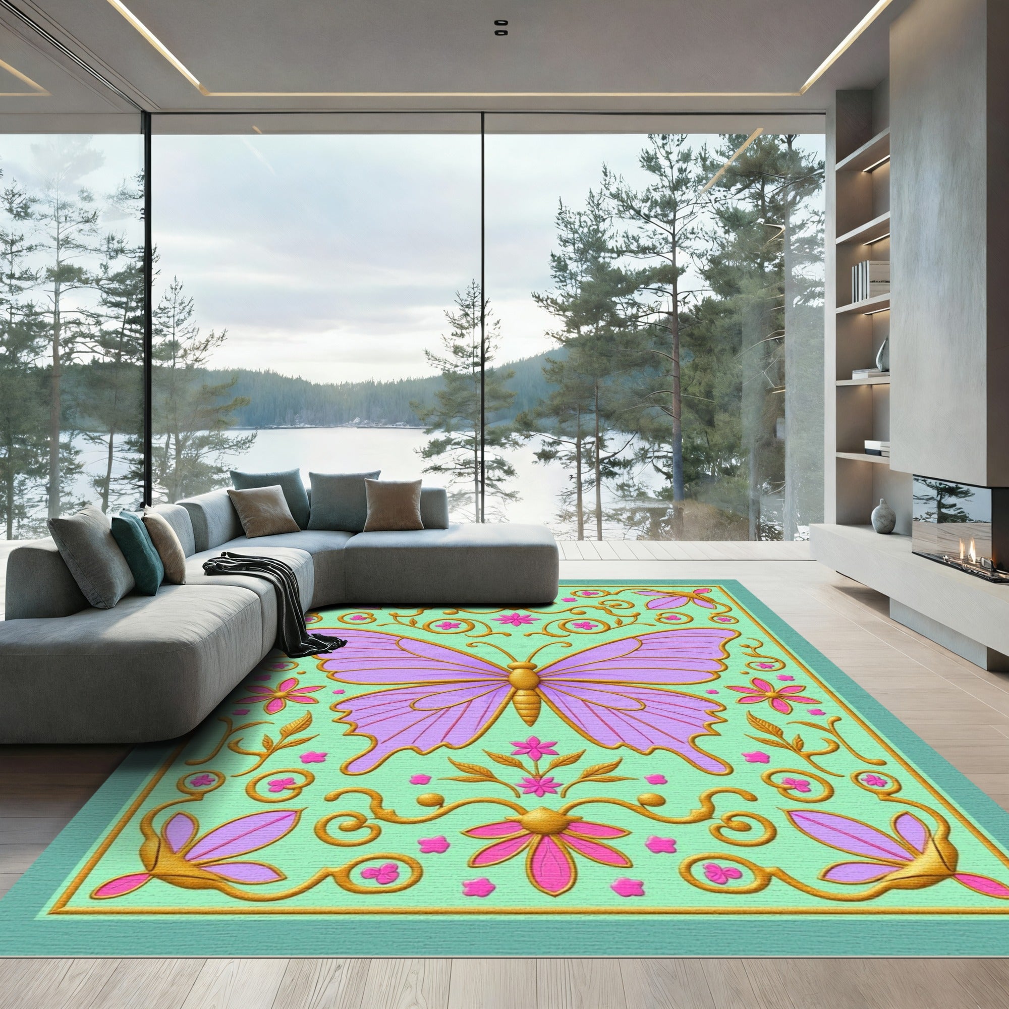Lavender Butterfly Golden Floral Swirls Rug