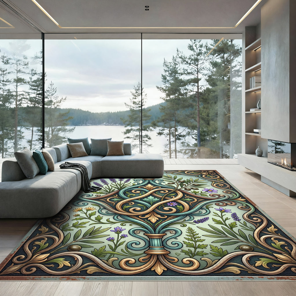 Elegant Olive Botanical Scrollwork Rug