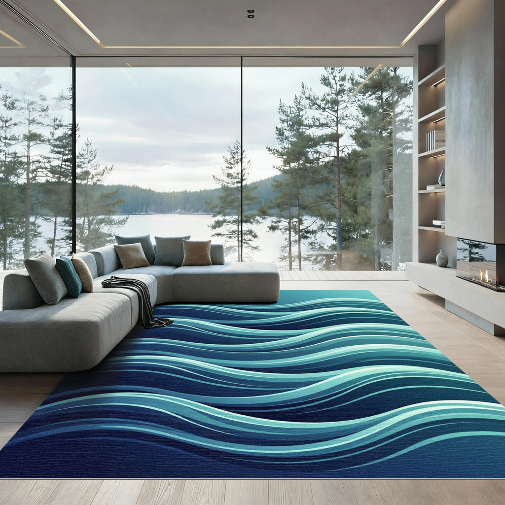 Deep Blue Aqua Layered Waves Rug
