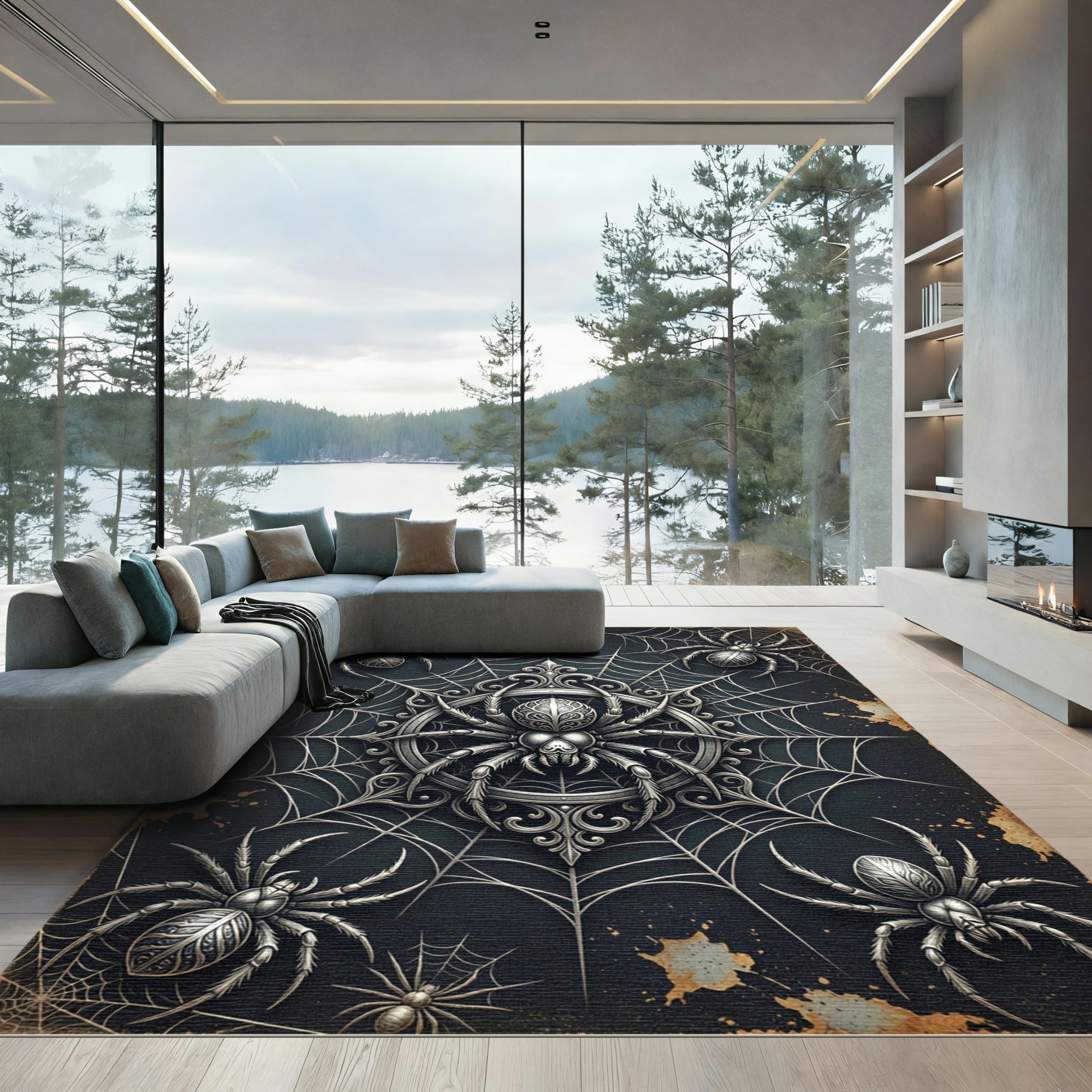 Gothic Silver Spider Web Medallion Rug