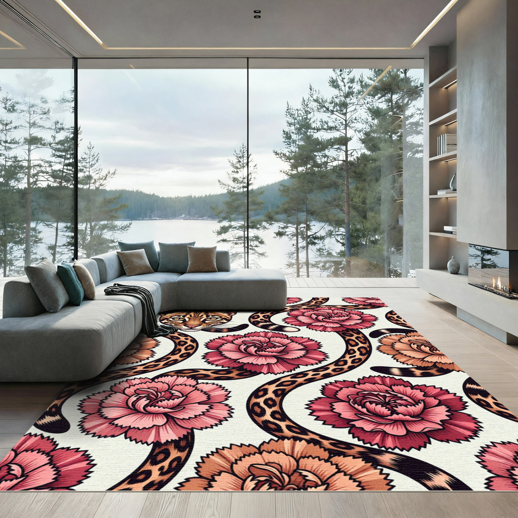 Ocelot Spots and Pink Carnation Flora Rug
