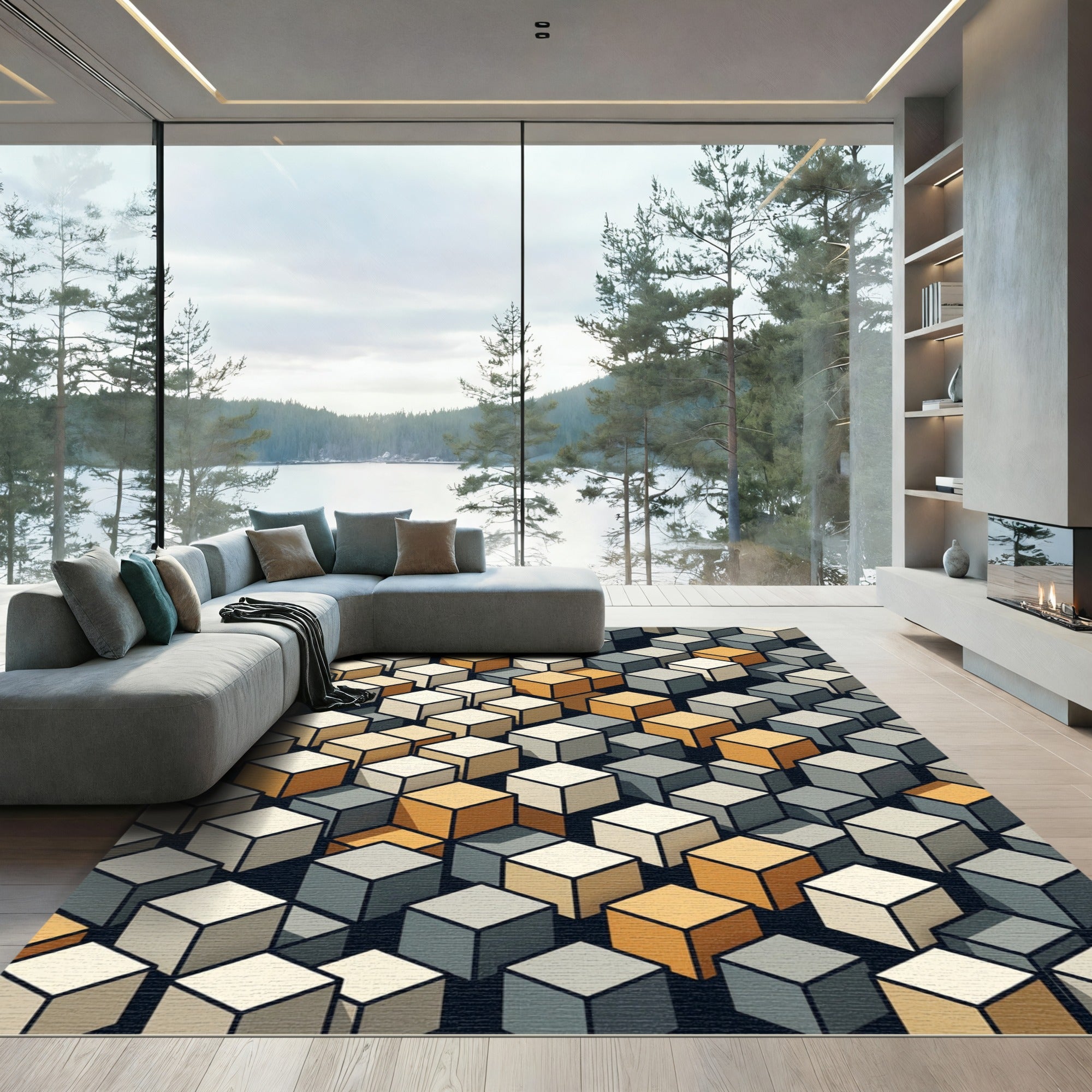 Geometric Cubes Ochre Gray Cream Rug